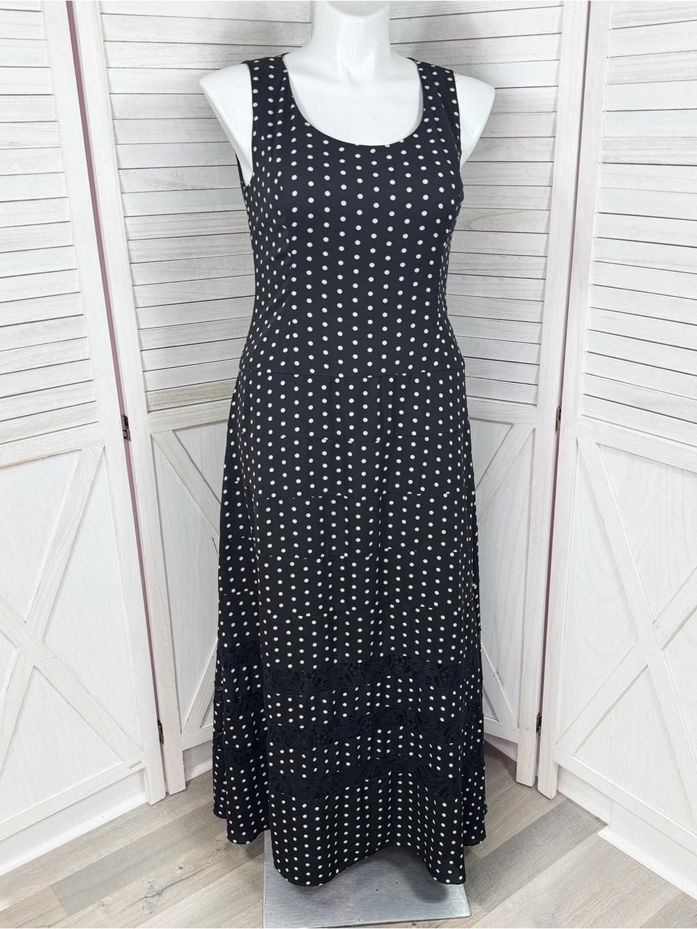 Ann Klein Polka Dot Lace Inset Sleeveless Maxi Dress Black White 12 Chiffon